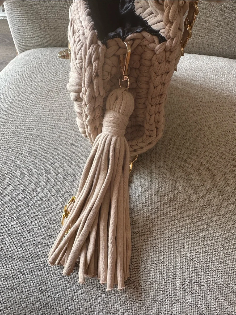 Handwoven Tan Fabric Crossbody Bag with Top Handle and Gold Chain Gold Accents